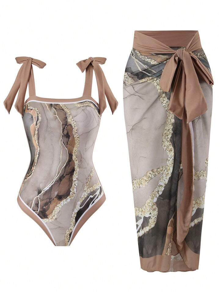 Brown Marble Printed Monokini