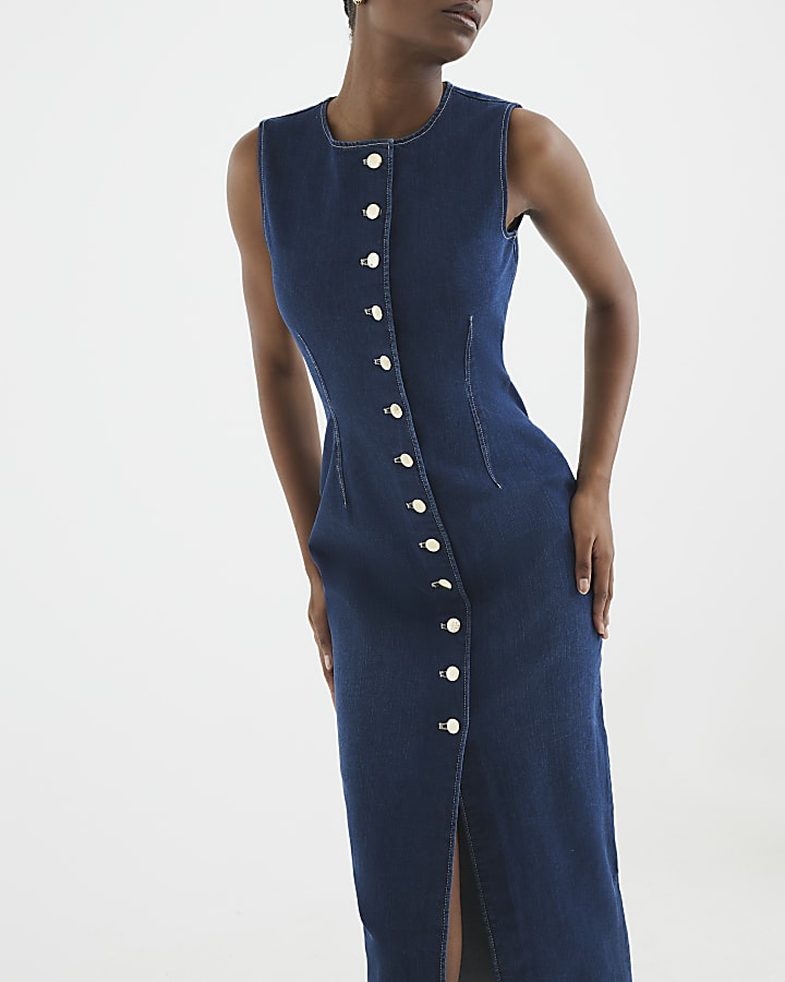 Button Front Denim Midi Dress