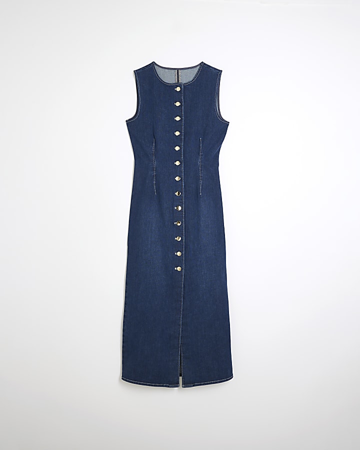 Button Front Denim Midi Dress
