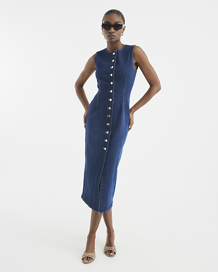 Button Front Denim Midi Dress