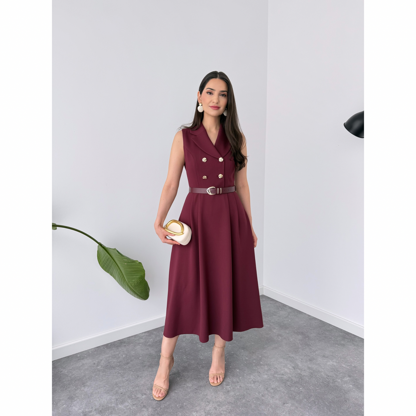 Garnet Elegance Belted Dress