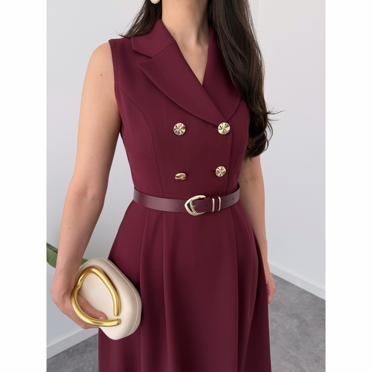 Garnet Elegance Belted Dress