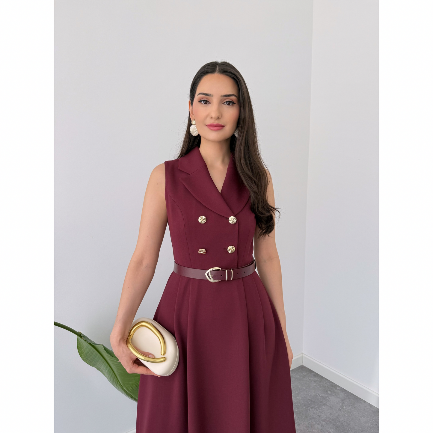 Garnet Elegance Belted Dress