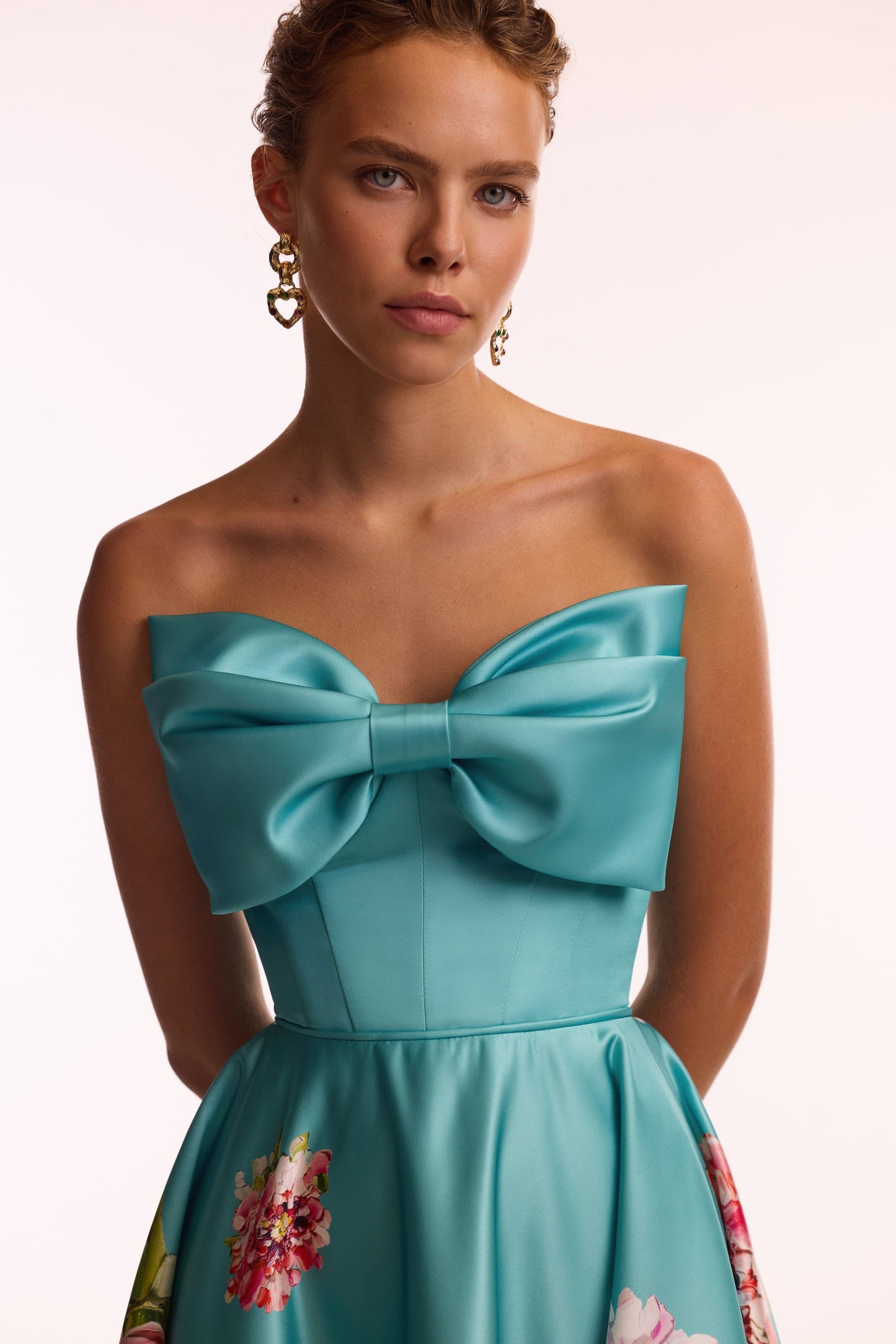 Blushing Blossom Aquamarine Floral Bow Midi Dress