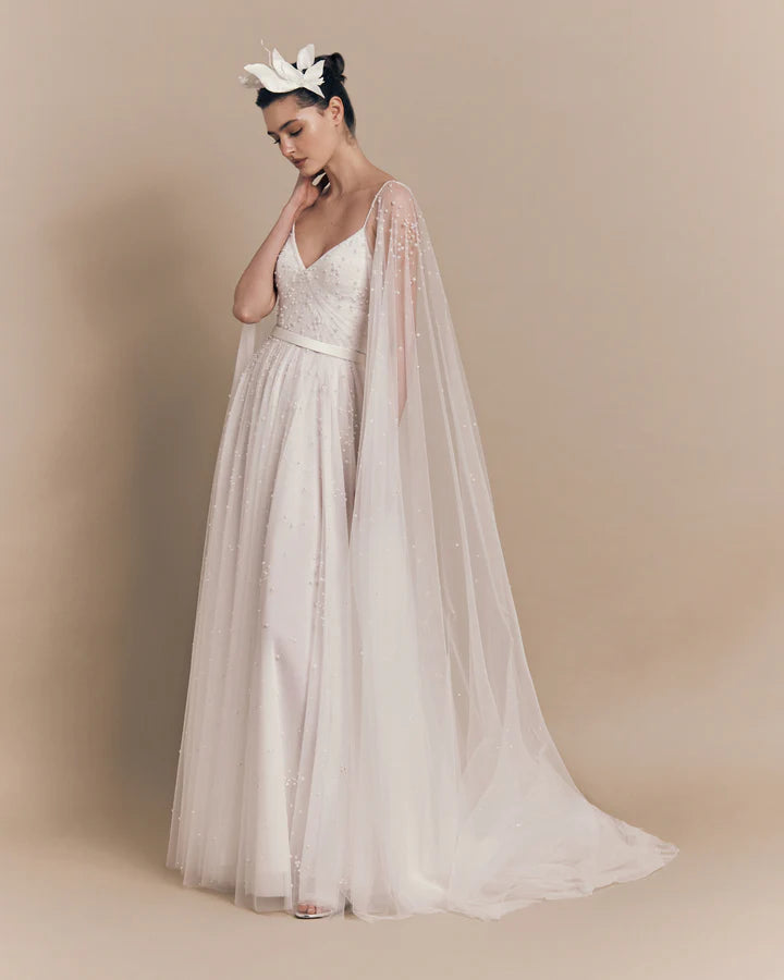 Ethereal Pearl Cape Gown