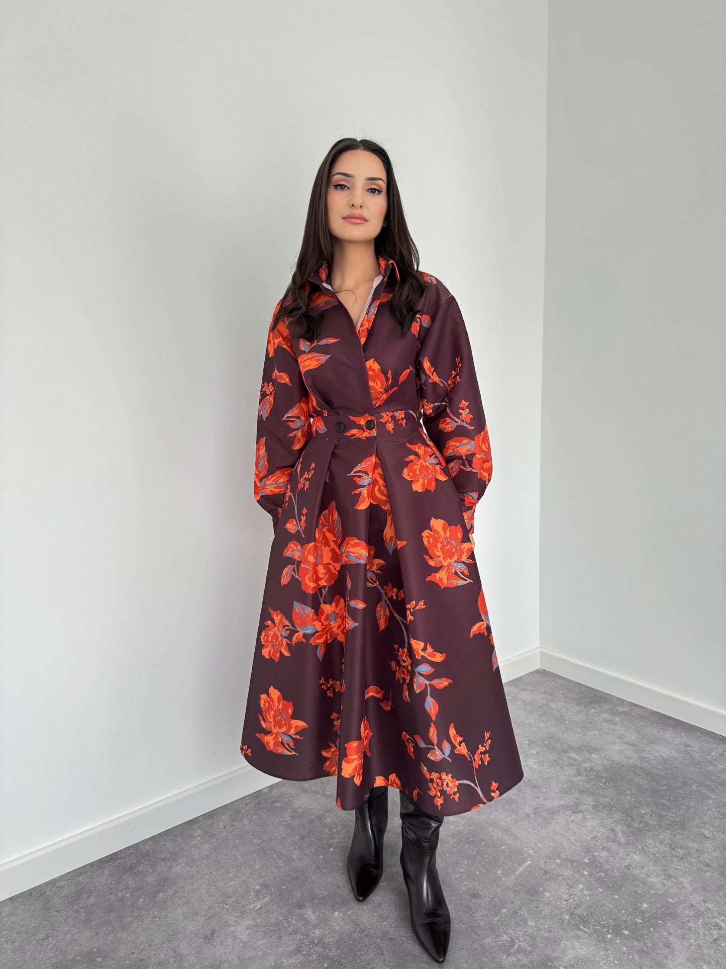 Crimson Bloom Shirt Midi Dress