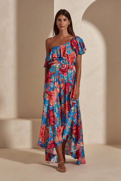 Midnight Tropicana One Shoulder Ruffle Dress