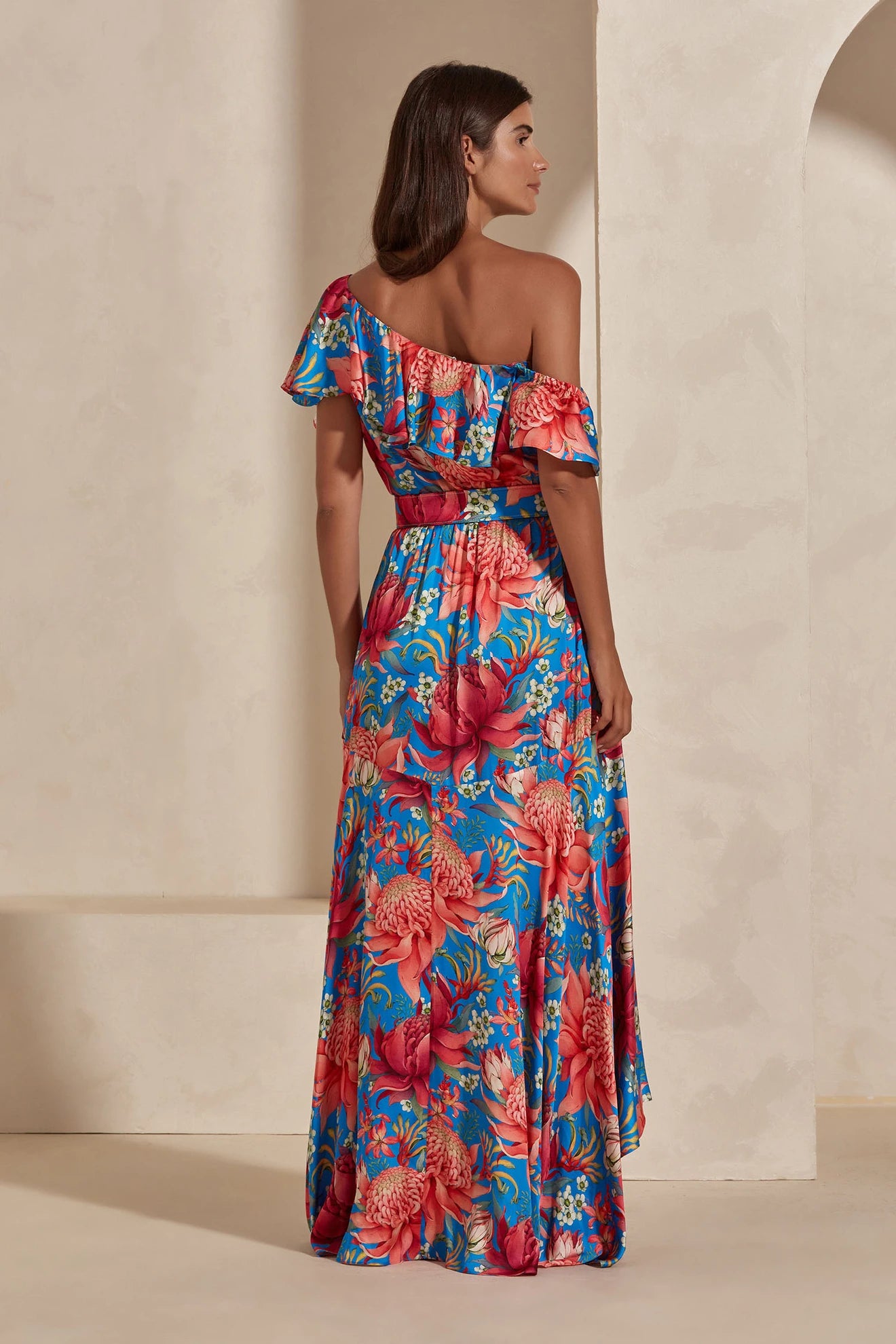 Midnight Tropicana One Shoulder Ruffle Dress