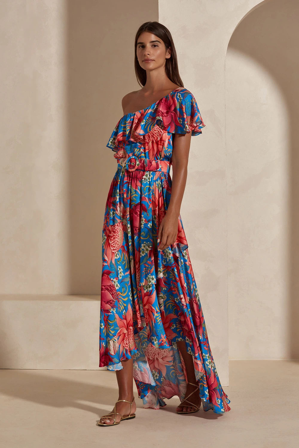 Midnight Tropicana One Shoulder Ruffle Dress
