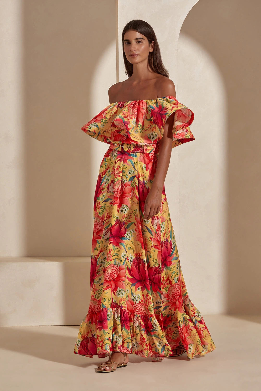 Sunset Flora Off Shoulder Ruffle Dress