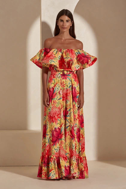 Sunset Flora Off Shoulder Ruffle Dress