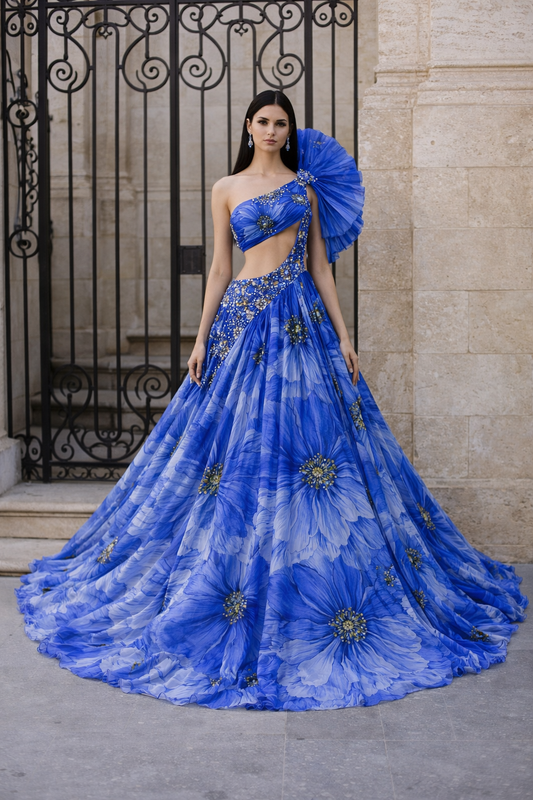 Sapphire Bloom Asymmetrical Couture Gown