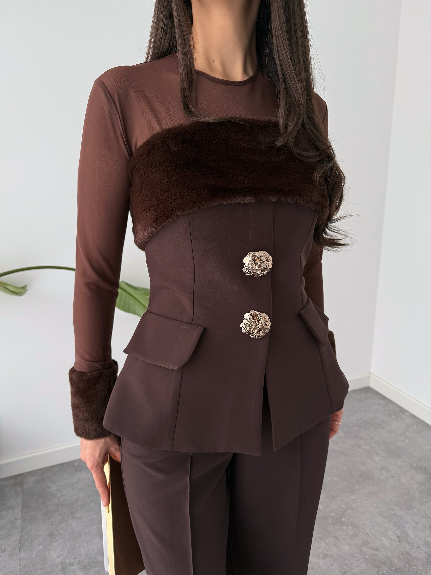 Fur Detail Buttoned Set