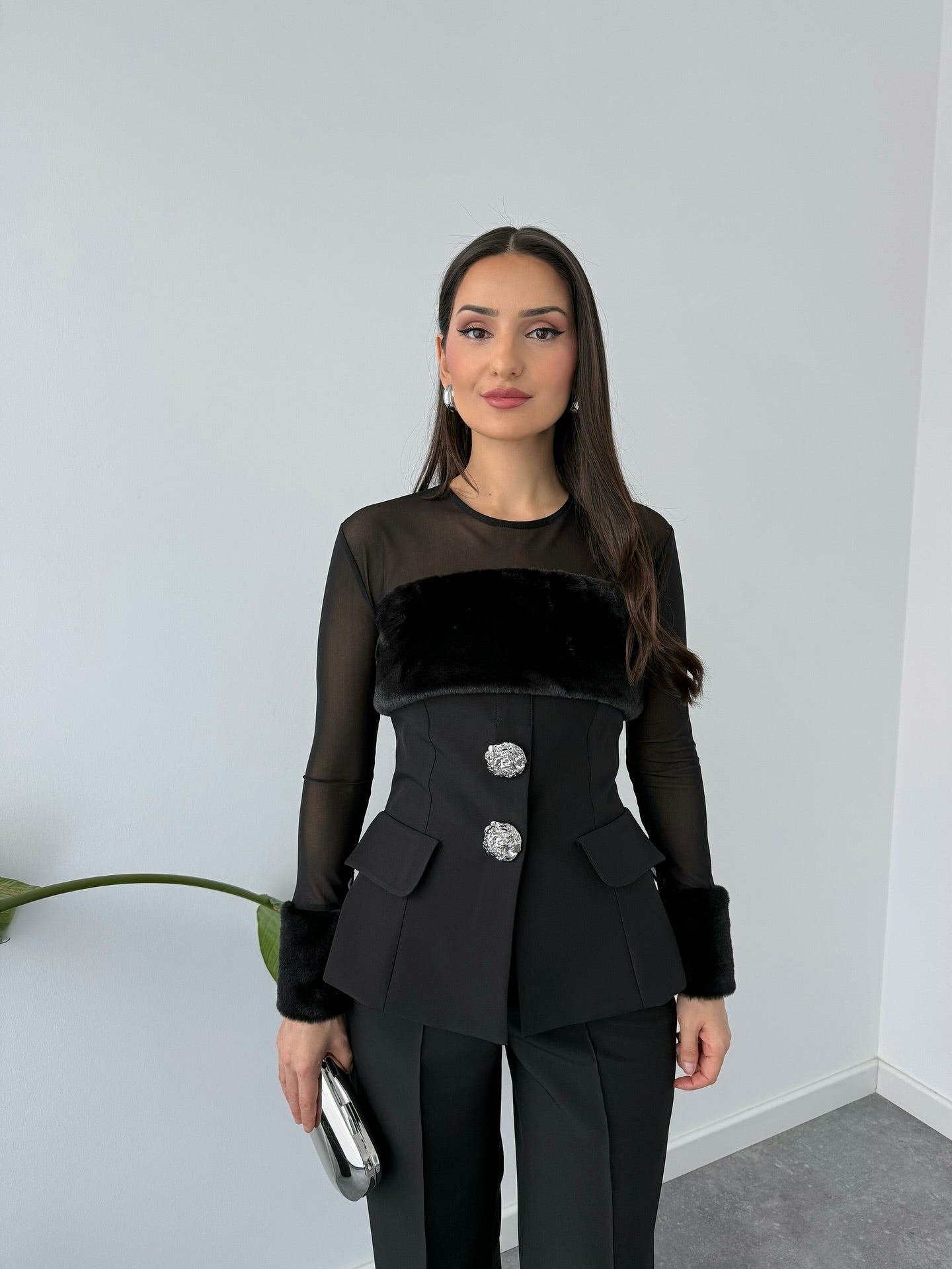 Fur Detail Buttoned Set