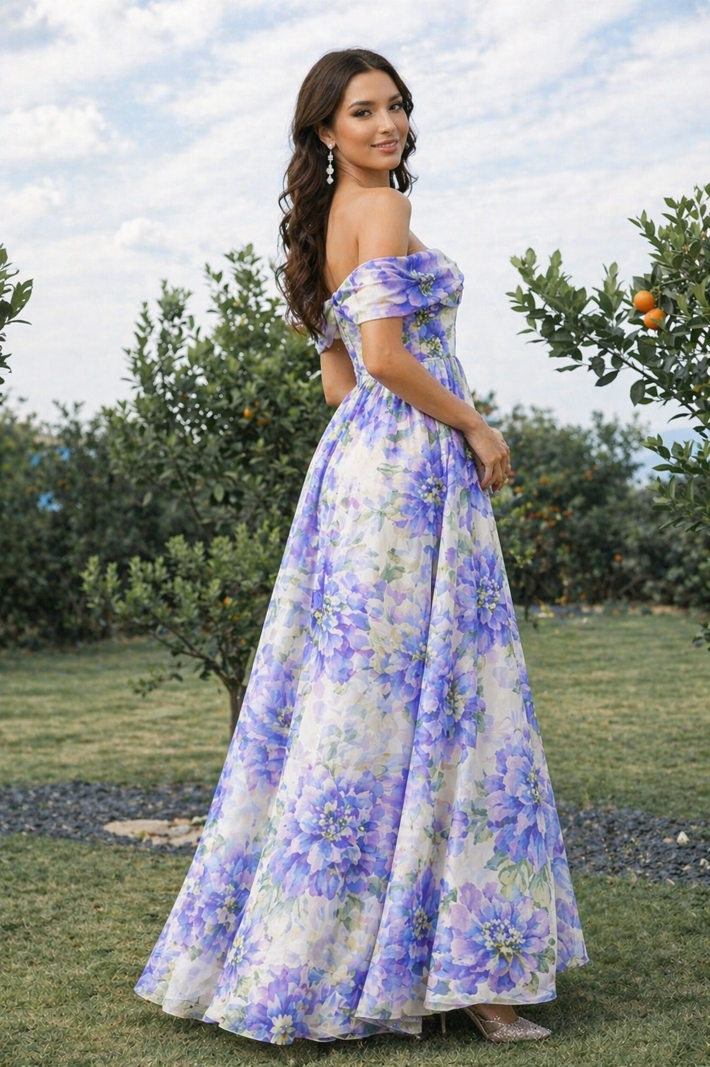 Lavender Bloom Off-Shoulder Gown
