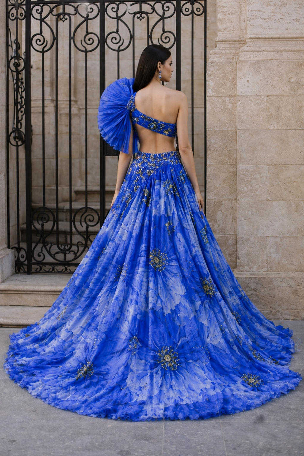 Sapphire Bloom Asymmetrical Couture Gown