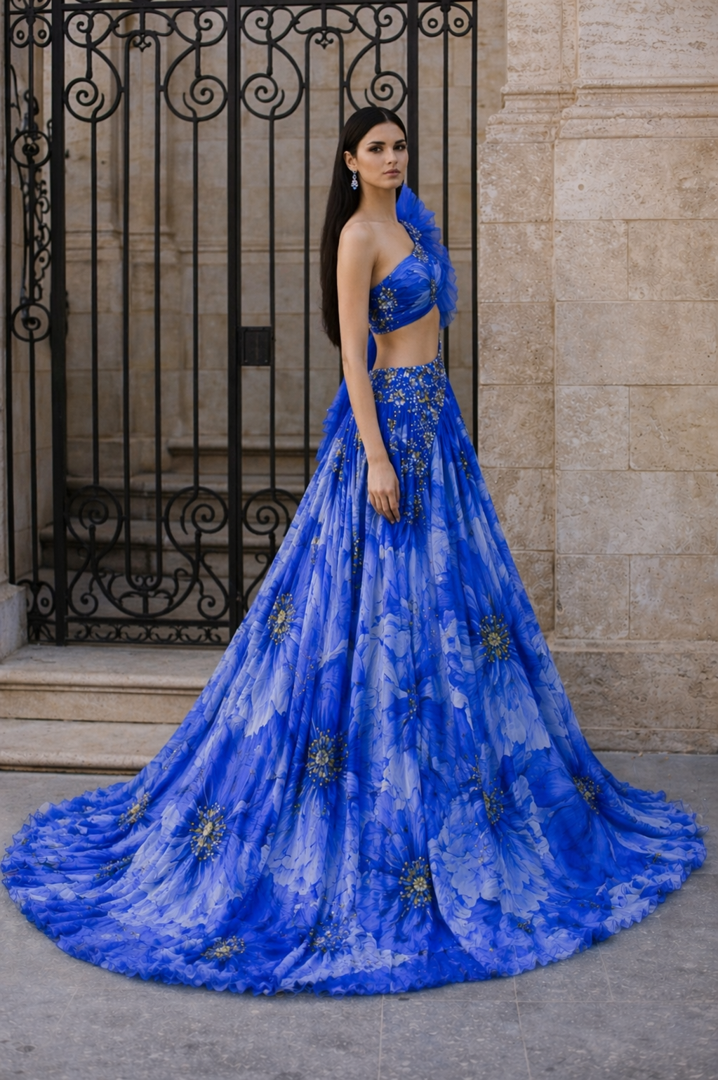 Sapphire Bloom Asymmetrical Couture Gown