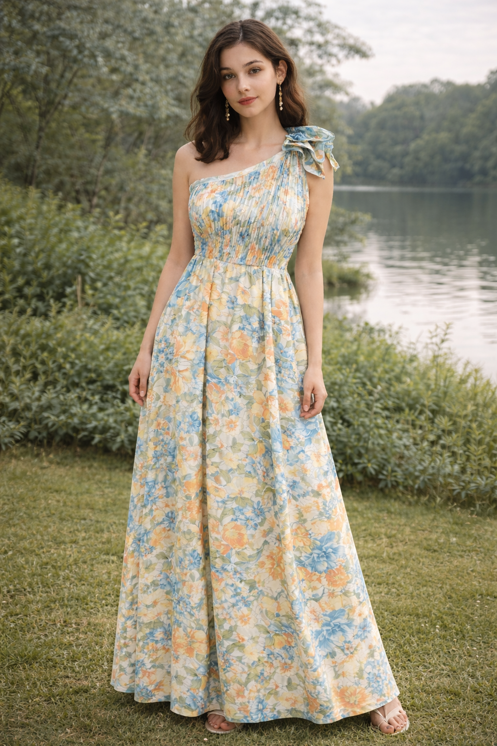 Sunset Bloom One-Shoulder Maxi Dress