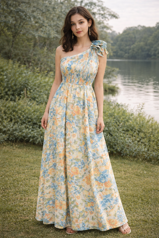Sunset Bloom One-Shoulder Maxi Dress
