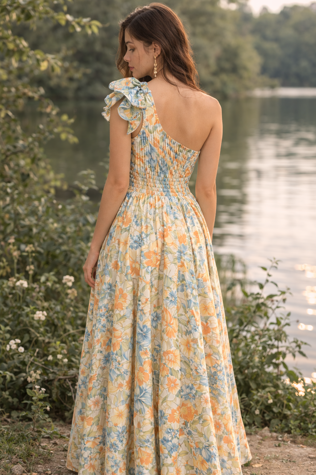 Sunset Bloom One-Shoulder Maxi Dress