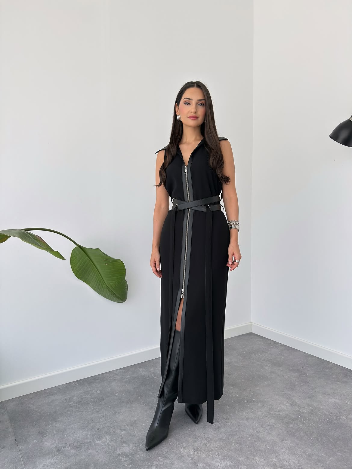 Belted Zipper Maxi Dress