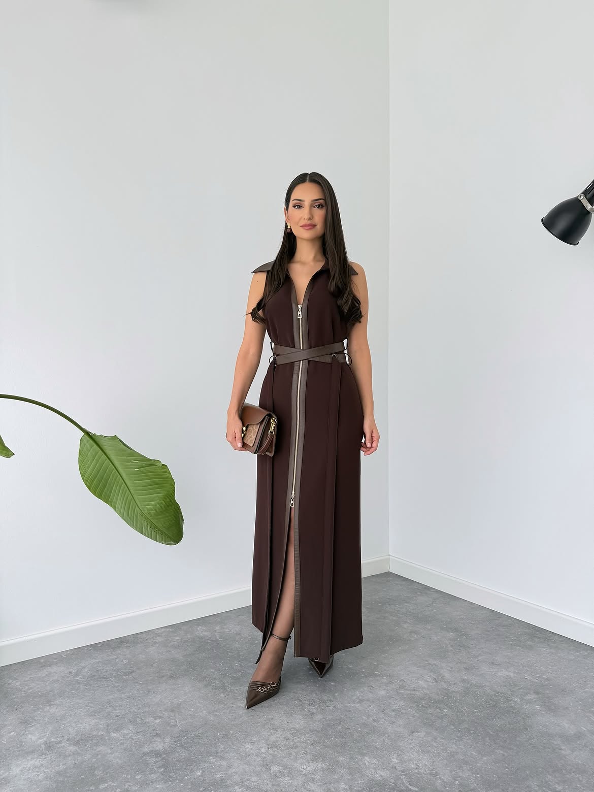 Belted Zipper Maxi Dress