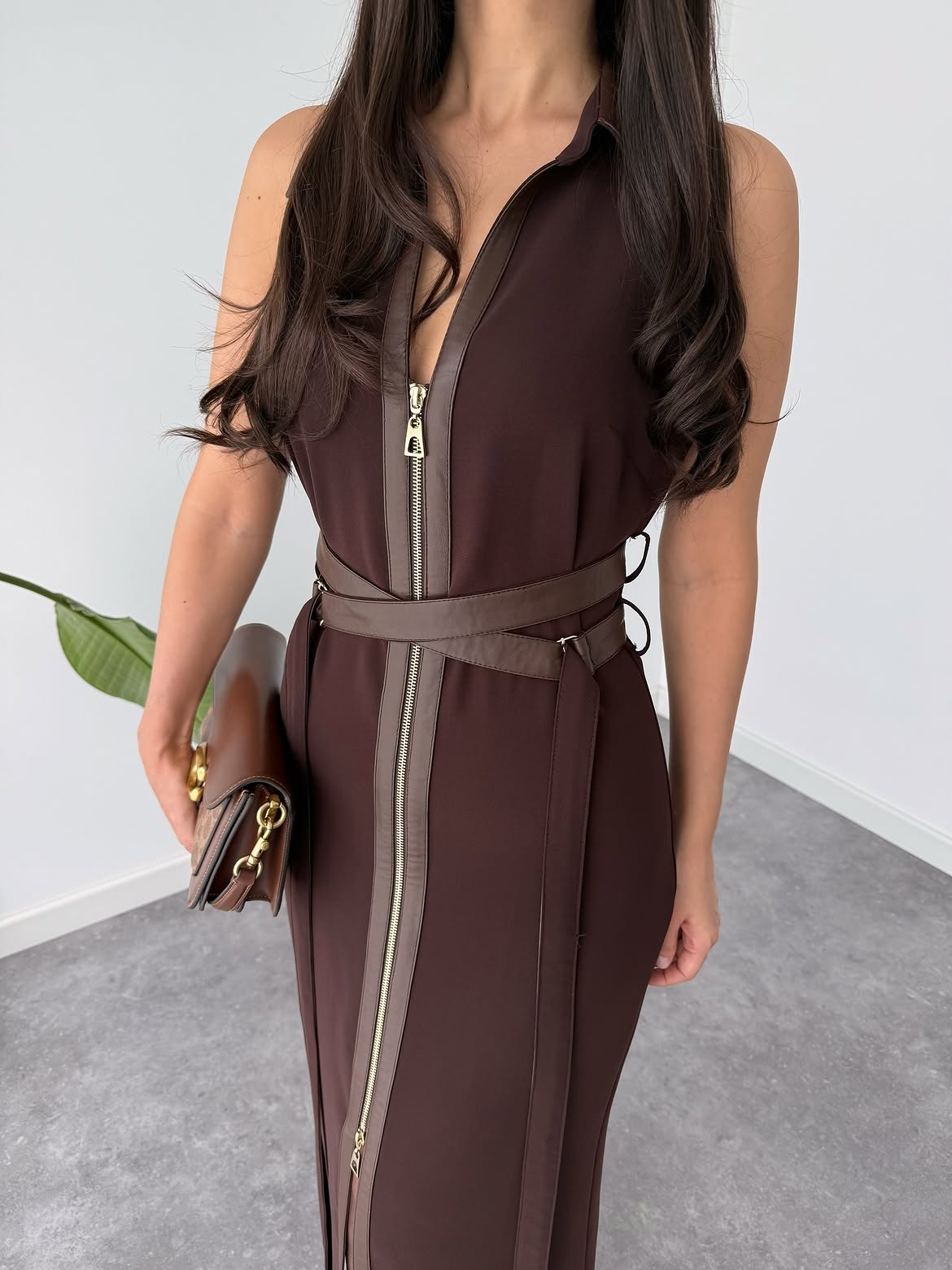 Belted Zipper Maxi Dress