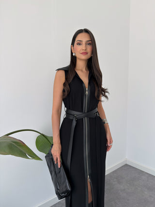 Belted Zipper Maxi Dress