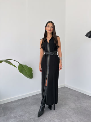 Belted Zipper Maxi Dress