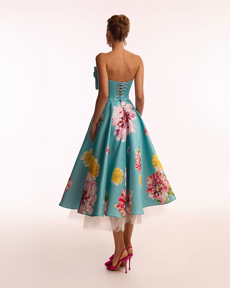 Blushing Blossom Aquamarine Floral Bow Midi Dress