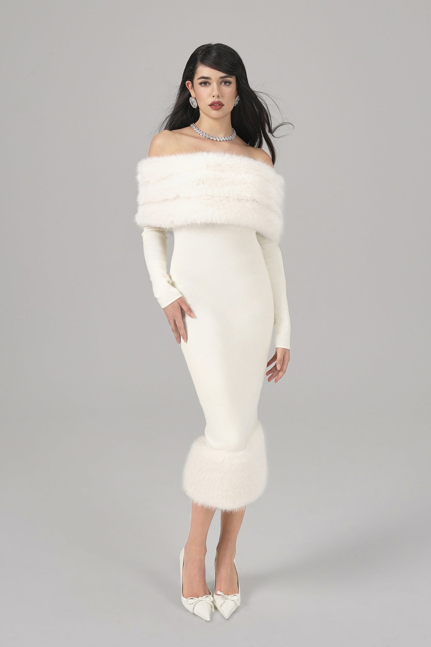 fur midi dress Miss Circle Pluma Maroon Halter Faux-Fur Trimmed Midi Dress XS