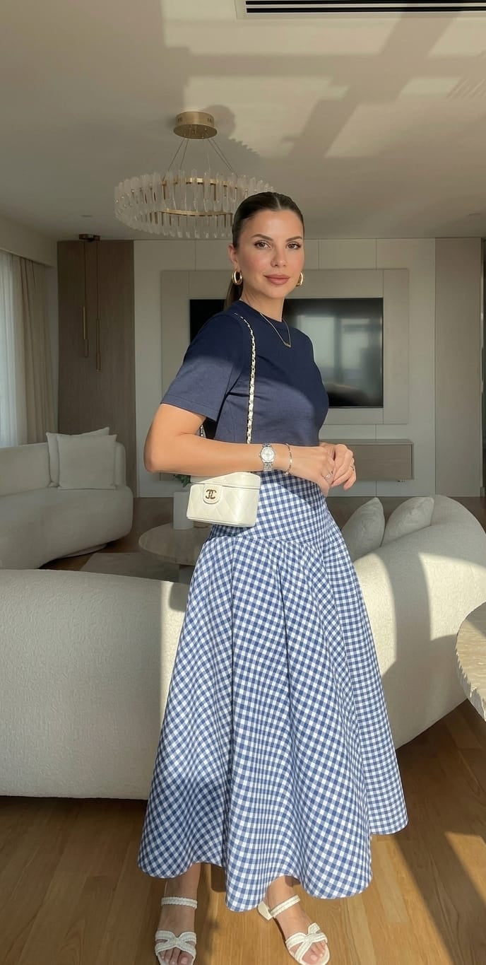 Rosé Check Midi Skirt