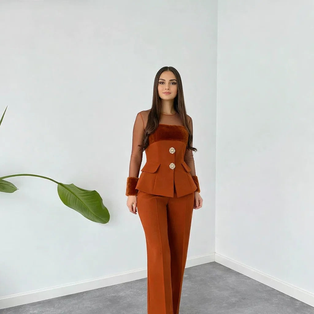 Fur Detail Buttoned Set