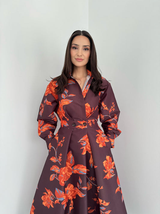Crimson Bloom Shirt Midi Dress